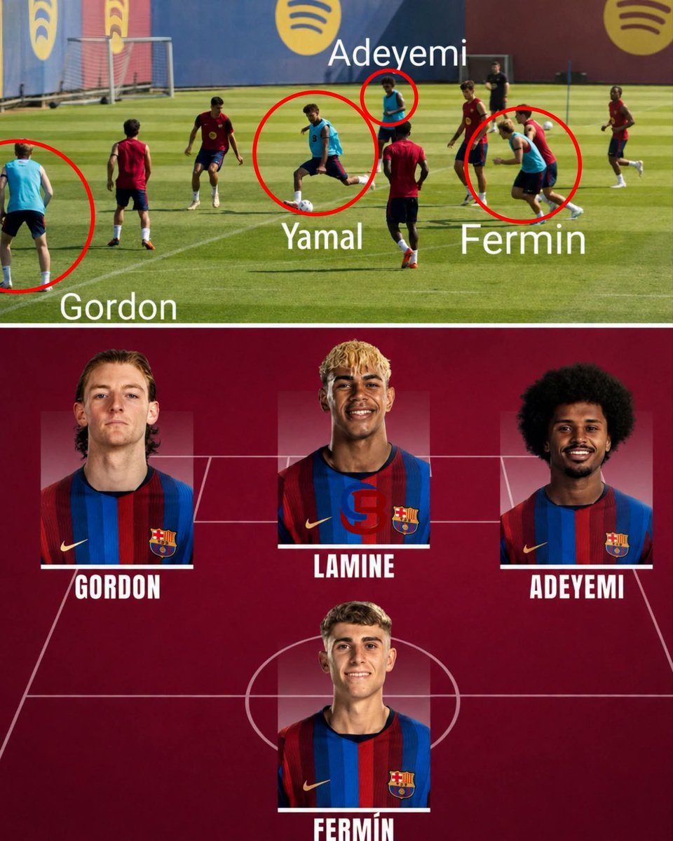 chimaobi_saint's tweet photo. Hansi Flick is cooking something special!

In Barça training, Flick was seen setting up Lamine Yamal, Anthony Gordon, Karim Adeyemi and Fermín López in this attacking formation. 

A glimpse of his plan for the new season https://t.co/DcWqXomvsj