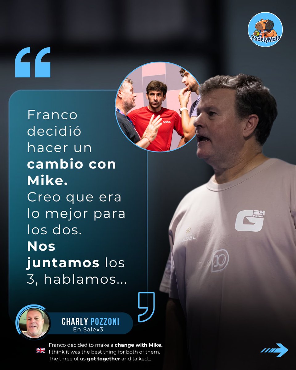 PadelyMate's tweet photo. 🗣️ 𝐂𝐇𝐀𝐑𝐋𝐘 𝐏𝐎𝐙𝐙𝐎𝐍𝐈: "𝐂𝐮𝐚𝐧𝐝𝐨 𝐥𝐚𝐬 𝐜𝐨𝐬𝐚𝐬 𝐬𝐞 𝐜𝐨𝐦𝐩𝐥𝐢𝐜𝐚𝐛𝐚𝐧 𝐲𝐚 𝐬𝐞 𝐭𝐨𝐫𝐜𝐢́𝐚 𝐭𝐨𝐝𝐨..."

El entrenador argentino se refirió a la separación de 𝐅𝐫𝐚𝐧𝐜𝐨 𝐒𝐭𝐮𝐩𝐚𝐜𝐳𝐮𝐤 𝐲 𝐌𝐢𝐤𝐞 𝐘𝐚𝐧𝐠𝐮𝐚𝐬, una decisión que, según explicó, terminó siendo lo mejor para ambos después de una etapa en la que las cosas dejaron de fluir dentro de la cancha.

💬 𝐂𝐡𝐚𝐫𝐥𝐲 habló del desgaste, de la pérdida de felicidad, ganas y motivación cuando los partidos se complicaban y dejó una frase que resume buena parte de su mirada: hay cosas que, más allá de ganar o perder, son innegociables.

Pero no se quedó únicamente en 𝐒𝐭𝐮𝐩𝐚 𝐲 𝐌𝐢𝐤𝐞 👀 También analizó el momento actual del pádel masculino, donde siente que faltan parejas capaces de dar más guerra y hacer sufrir a quienes vienen dominando, y lo contrastó con un circuito femenino que definió como ❞𝐞𝐬𝐩𝐞𝐜𝐭𝐚𝐜𝐮𝐥𝐚𝐫❞.

📲 Deslizá y repasá algunas de las reflexiones que dejó 𝐏𝐨𝐳𝐳𝐨𝐧𝐢

🎙️IG/ #Salex3

#PadelyMate #Padel
