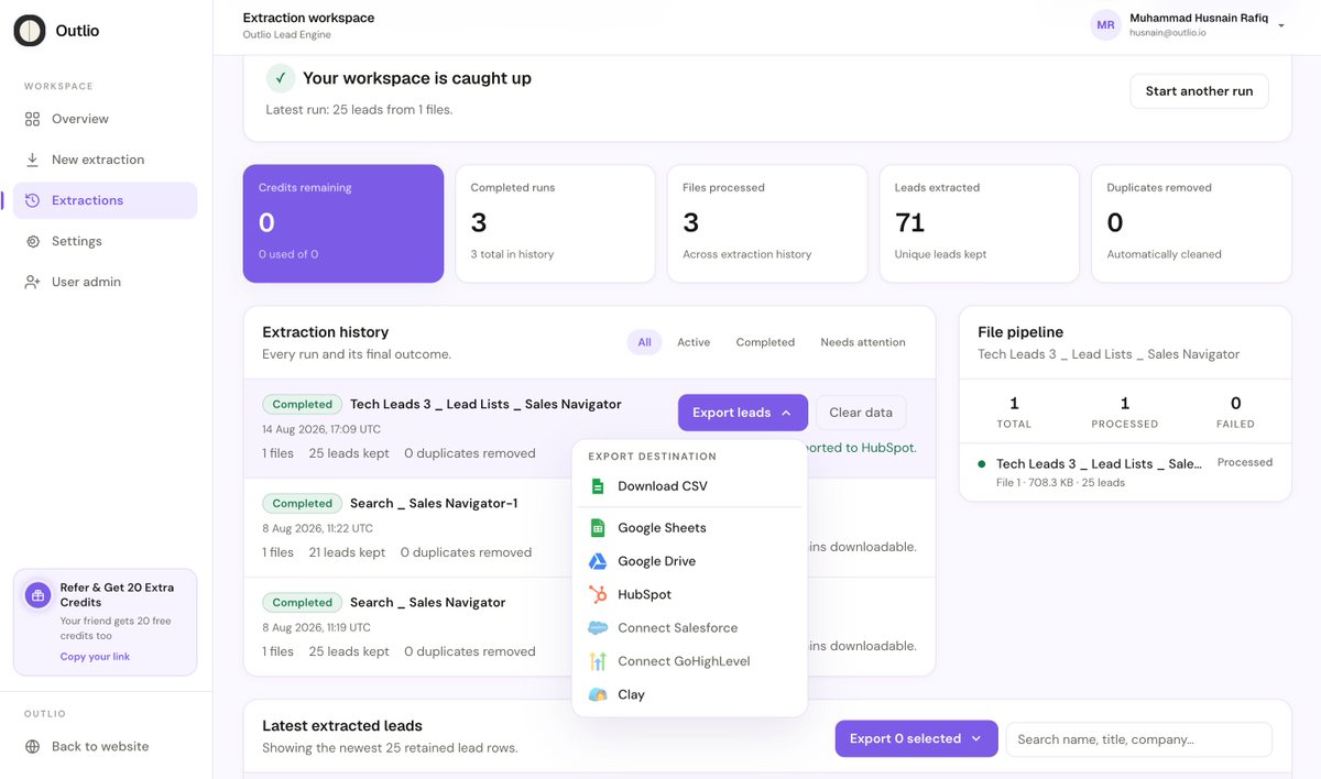 husnain_rfq's tweet photo. I’m launching Outlio Lead Engine 🚀

We spent months building this because lead scraping + enrichment shouldn’t require 6 different tools.

Outlio Lead Engine can:

→ Extract up to 12,000 leads from LinkedIn Sales Navigator
→ Enrich them with emails, contact info, pain points, revenue, tech stack + more
→ Export directly to your CRM, Google Sheets & Drive
→ Use our own extension to make extraction 2X easier
And the best part?
Your LinkedIn account isn’t put at risk.
We specifically built the extraction workflow around avoiding the aggressive automation methods that get accounts flagged.

To celebrate the launch, I’m giving 5 people a FREE 1-month trial.

Want access?

Follow me

Like this post

Repost

Comment “LEAD ENGINE”
I’ll pick 5 people from the replies.
https://t.co/oBqiRU0AwO