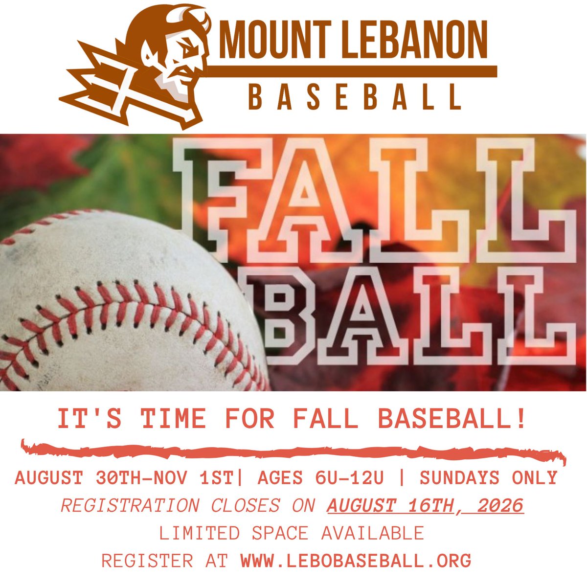 LeboBaseball's tweet photo. LAST CHANCE: 2026 Fall Ball Registration is OPEN thru 8/16/2026. https://t.co/1s2ADQDm7w https://t.co/QJ4RtXxup3