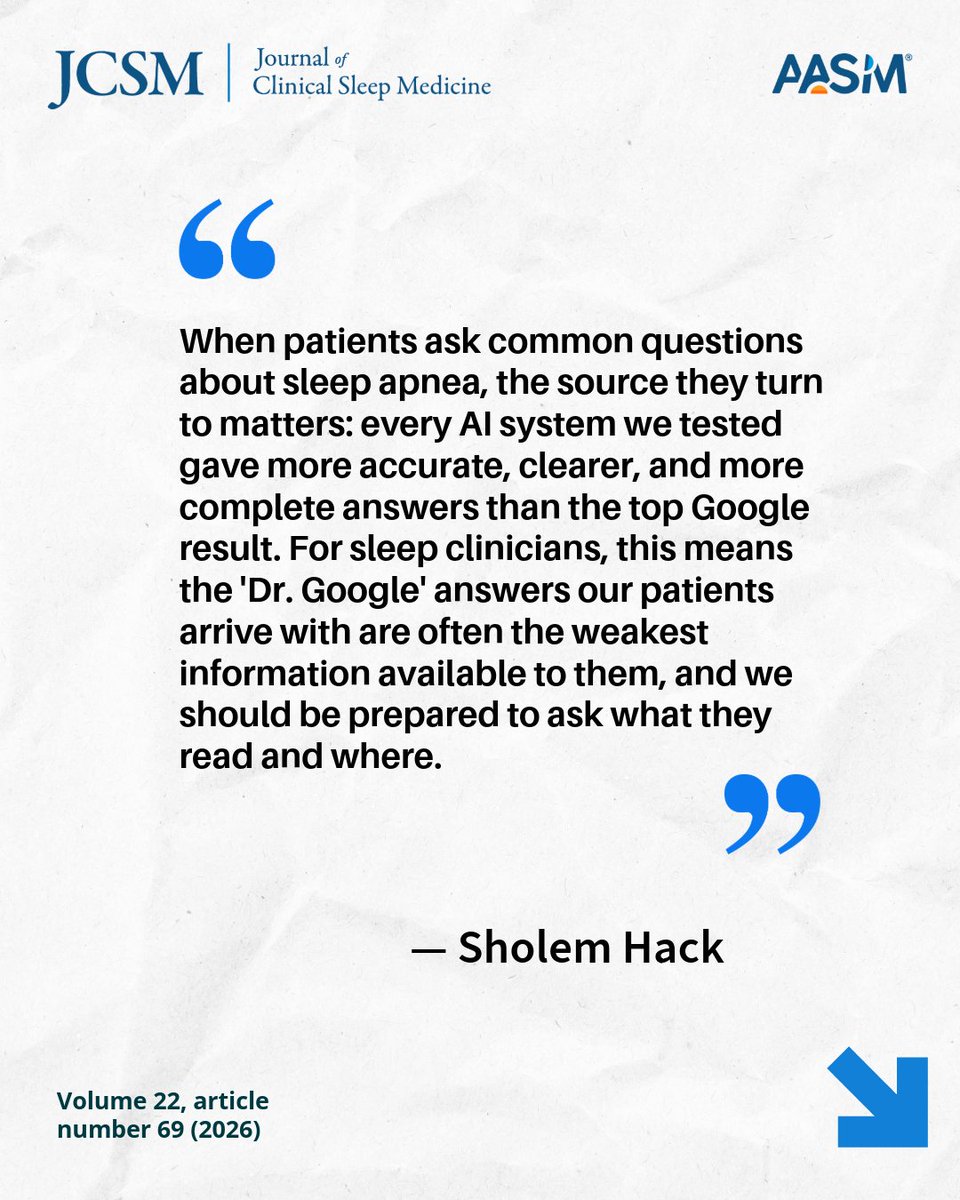 JCSMJournal's tweet photo. How does AI compare with Google Search when patients look for answers about OSA?

A new JCSM study found that AI systems provided more accurate, clear, complete, and useful answers to common OSA questions than Google Search.

Read the full article: https://t.co/8k0joBT8DR https://t.co/u9SMh2sM3o