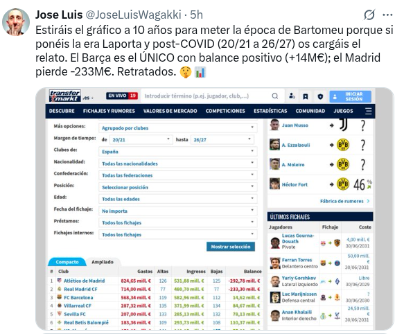 JoseLuisWagakki's tweet photo. A petición popular, que me acusan de coger los años que quiero. Transferwhite es tan parcial que aísla los 10 años que le convienen para su relato. ¿Por qué no ponen los últimos 6 (Barça +14M€) o el histórico a 20 y 30 años donde el Madrid lidera las pérdidas? ¿Casualidad? 🤔📊 https://t.co/MfH6PSeWFd