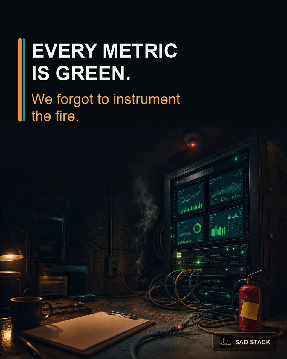 SadStackDev's tweet photo. Every metric is green because the broken path never learned how to report itself. We forgot to instrument the fire. #DevHumor #CodingJokes https://t.co/CAS76wPeUd