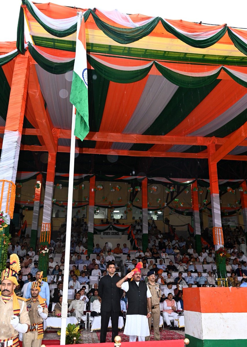 diprjk's tweet photo. Deputy Chief Minister Surinder Kumar Choudhary today hoisted the National Flag at M.A. Stadium, Jammu, on the occasion of the 80th Independence Day and took the salute from participating contingents.

He extended warm greetings to the people of Jammu & Kashmir and the nation and paid rich tributes to the freedom fighters and martyrs who made the supreme sacrifice for independence.

Dy CM also lauded the Armed Forces, J&K Police and security forces for their unwavering commitment to safeguarding the nation and maintaining peace and security.

#IndependenceDay2026 #80thIndependenceDay #SurinderChoudhary #IndependenceDayCelebrations #FreedomFighters #Martyrs #ArmedForces #JKPolice #JammuAndKashmir

📌 Follow:
X @diprjk | Instagram @dipr_jk
@OfficeOfLGJandK @CM_JnK @Divcomjammu @JmuKmrPolice