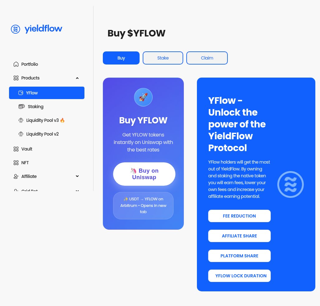 yieldflowdotcom's tweet photo. $YFLOW is not a mascot token.

It is how you keep more of what you earn on YieldFlow.

Stake it and YTrade performance fees drop. Affiliate share goes up. Gated V3 pairs unlock, including LIDO-ETH and UNI-ETH. The more you stake, the less you pay to use the protocol.

That is the whole point.

Buy on Uniswap. USDT → YFLOW on Arbitrum. Non-custodial. No KYC.

If you followed this week, this is how you stay in it.
https://t.co/CY2xdXkvLT