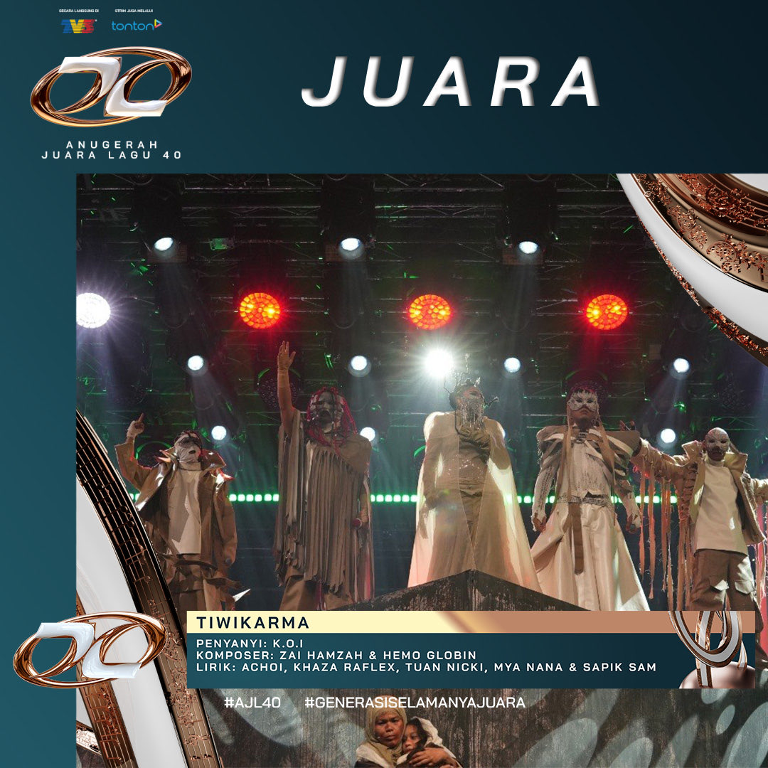 tv3malaysia's tweet photo. Malam ini, sebuah karya menemukan takdirnya.

Daripada sebuah melodi, menjadi suara yang menyentuh jutaan hati. Dan kini, berdiri di kemuncak pentas muzik tanah air.

Tahniah K.O.I, Tiwikarma dinobatkan sebagai JUARA ANUGERAH JUARA LAGU 40.

#AJL40 #GenerasiSelamanyaJuara https://t.co/hh0TFeSP3O