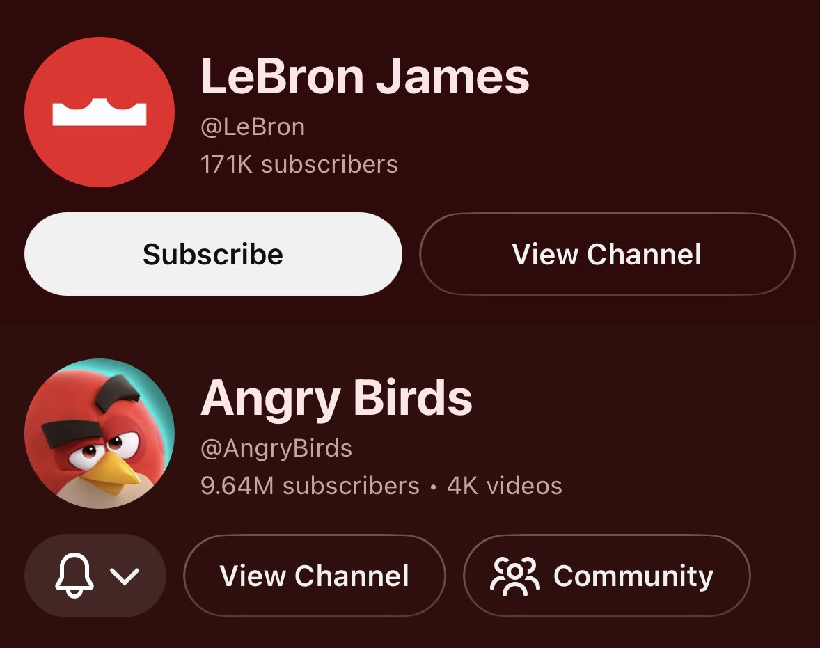 AngryNetwrk's tweet photo. LeBron James currently has ~9M fewer subscribers than Angry Birds. https://t.co/SefnkpZ6sq