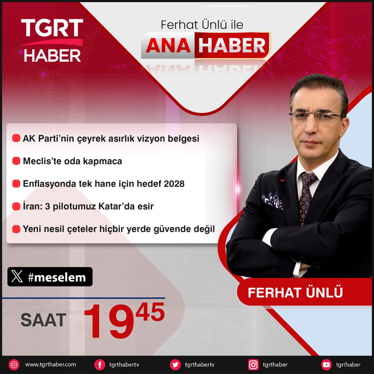 tgrthabertv's tweet photo. 📌AK Parti’nin çeyrek asırlık vizyon belgesi
📌Meclis’te oda kapmaca
📌Enflasyonda tek hane için hedef 2028
📌İran: 3 pilotumuz Katar’da esir
📌Yeni nesil çeteler hiçbir yerde güvende değil
#meselem
@unluferhat https://t.co/PeG6fdHLO3