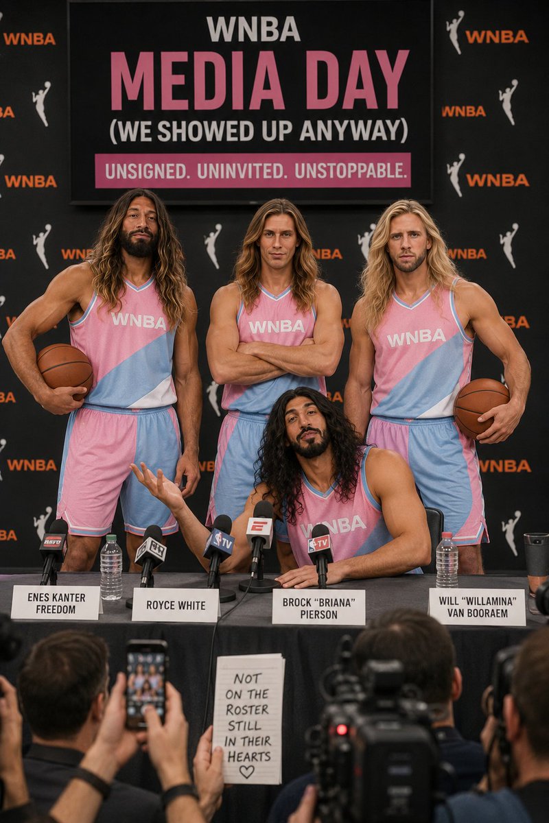 brockpierson's tweet photo. OFFICIAL MEDIA DAY REPORT

Day 3 of our completely unauthorized WNBA campaign is officially in the books.

Enes Kanter Freedom, Royce "Roysha" White, Brock “Briana” Pierson, and Will “Willamina” Van Booraem arrived for media day this morning despite the small administrative issue that the WNBA still has not invited, signed, drafted, contacted, or acknowledged any of us.

We are choosing to interpret their silence as approval.

Today’s developments:

• Team chemistry is improving. Actual basketball chemistry remains questionable.

• Enes has declared himself starting center, assistant coach, and Director of International Relations.

• Royce submitted a 14-page list of concerns before warmups.

• Briana spent 40 minutes perfecting her tunnel walk and 11 minutes practicing basketball.

• Willamina demanded the league install mirrors above every locker so the hair situation can be properly monitored.

• Our combined salary request has increased despite producing exactly $0 in basketball revenue.

The league reportedly wants players who can defend, shoot, communicate, understand defensive rotations, and occasionally run an offense.

We believe these are outdated barriers to participation.

Therefore, we are announcing our newest policy:

Performance will now be self identified.

Missed a shot?
It identified as a make.

Committed a turnover?
That was an alternative possession.

Got dunked on?
That was an unauthorized vertical interaction.

Lost by 38?
Scoreboards are socially constructed.

We would also like to address rumors that none of us are actually on a WNBA roster.

This is technically true.

But being on the roster physically is far less important than being on the roster emotionally.

Tomorrow: contract negotiations.

The league has not agreed to attend.

Progress. 🏀