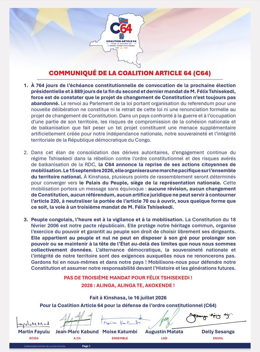 StanysBujakera's tweet photo. #RDC: "Aucune révision, aucun changement de Constitution, aucun référendum, aucun artifice juridique ne peut servir à contourner l’article 220, à neutraliser la portée de l’article 70 ou à ouvrir, sous quelque forme que ce soit, la voie à un troisième mandat de M. Félix Tshisekedi", (Opposition, C64)
