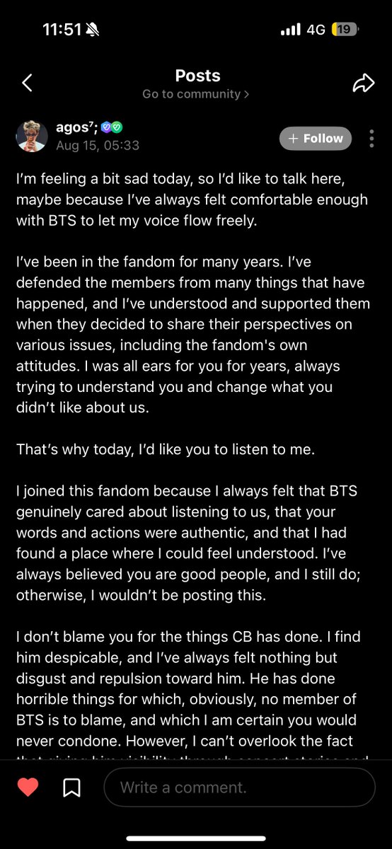 epipeny's tweet photo. Sharing an ARMY’s post from Weverse because I was moved by her love and sincerity: 

“I’m feeling a bit sad today, so I’d like to talk here, maybe because I’ve always felt comfortable enough with BTS to let my voice flow freely.

I’ve been in the fandom for many years. I’ve defended the members from many things that have happened, and I’ve understood and supported them when they decided to share their perspectives on various issues, including the fandom's own attitudes. I was all ears for you for years, always trying to understand you and change what you didn’t like about us.

That’s why today, I’d like you to listen to me.

I joined this fandom because I always felt that BTS genuinely cared about listening to us, that your words and actions were authentic, and that I had found a place where I could feel understood. I’ve always believed you are good people, and I still do; otherwise, I wouldn’t be posting this.

I don’t blame you for the things CB has done. I find him despicable, and I’ve always felt nothing but disgust and repulsion toward him. He has done horrible things for which, obviously, no member of BTS is to blame, and which I am certain you would never condone. However, I can’t overlook the fact that giving him visibility through concert stories and photos feels like a huge mistake. Even if you don’t intend to, that content reaches thousands of people and ends up cleaning the image of someone who doesn't deserve it and who should be far away from the stage. I don’t believe that was your intention, but sometimes we do things that trigger consequences we don't foresee, even if it wasn't our goal. And it’s okay to ask ourselves if that’s the image we want to project, if that’s the effect we want to create.

I get it, nobody is perfect, and I’m not saying otherwise. I think we all have our own contradictions, but I personally like it when people point mine out so I can grow and become a better person. BTS has said many times that you’d love ARMY to be the kind of fandom that doesn't put you on a pedestal, allowing you to make mistakes and learn from them.

I know you would love to live a normal life where everything you do isn't judged by thousands of people, but unfortunately, that’s not the reality, and the decisions you make carry a lot of weight. If a person like CB continues to be respected in the industry and keeps filling stadiums, it’s because many people choose to ignore what he did and pretend it never happened. But it did happen, and none of it can be erased. And it hurts me deeply that you chose to look the other way. You are not to blame for what CB did, nor are you the only ones supporting him, but it hurts particularly with you because you are people I love and hold in high regard. Many people can do something I consider wrong, but it will always hurt more coming from a friend, my family, or you in this case. Not because I hold you to a different standard, but because I hold a deep affection for you. I suppose you can understand that feeling; it also hurts you when ARMY makes mistakes, and you also expect a lot from us because you know us and love us.

This doesn't erase all the support women have received from you, I do NOT believe any of that was performative. I believe in you, I believe you are good people, but I also believe good people can make mistakes, and I think you made one here. I know that you, as men, have no idea what we as women go through, and that’s why I’d like you to understand how painful it is for us to see people like CB continue to receive love and applause despite having caused so much harm to some of us. It feels so lonely and desolate, as if music mattered more than our lives and our integrity.” (Cont)