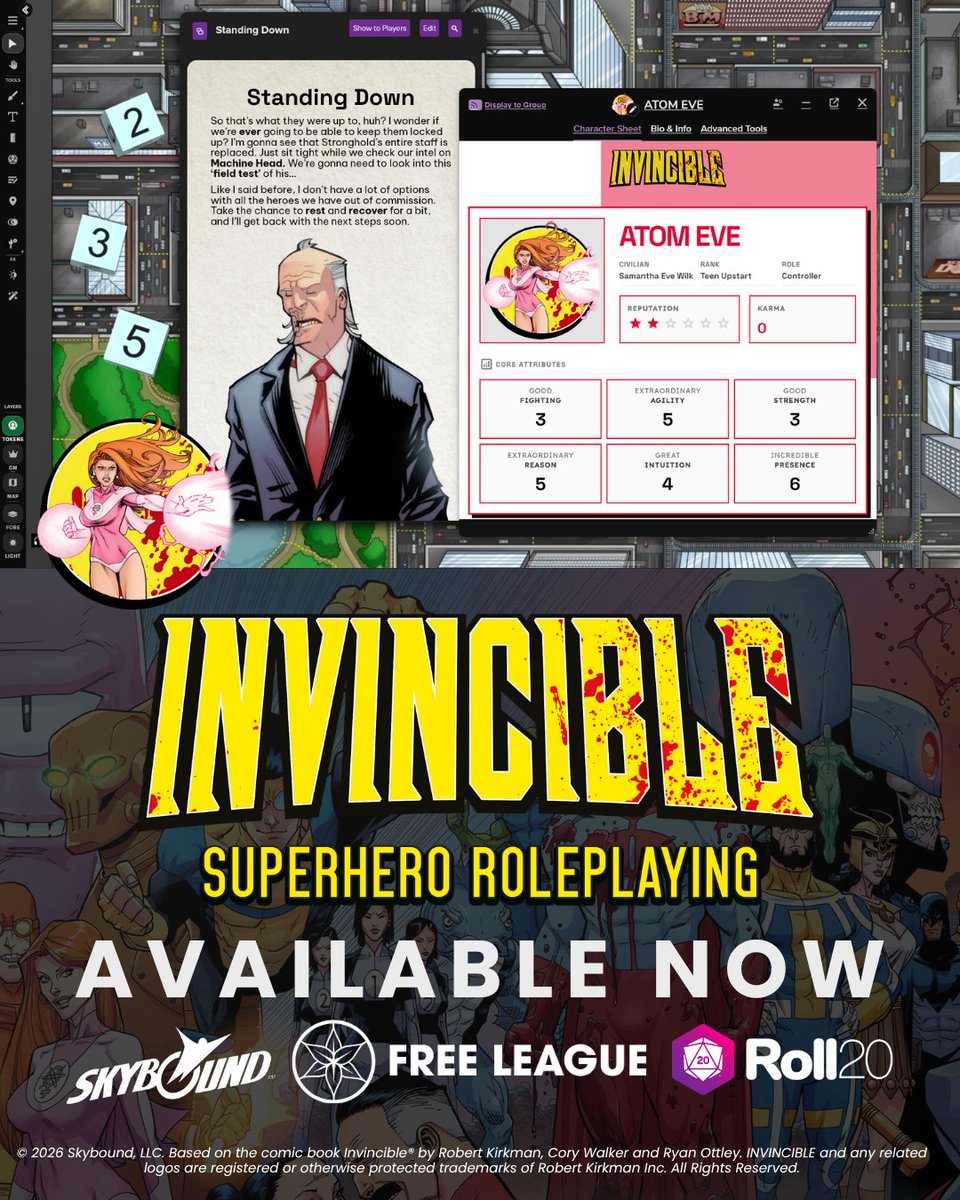 roll20app's tweet photo. 🦸 The Invincible Superhero Roleplaying Game is now on Roll20!

Suit up and save the world in the official RPG based on the hit comic &amp; animated series. On Roll20, you get:
⚡ Custom character sheet
📚 Digital rulebook
👊 60+ heroes &amp; villains

Play now: https://t.co/67qjgGg8h4 https://t.co/sc5ZTSBFmK