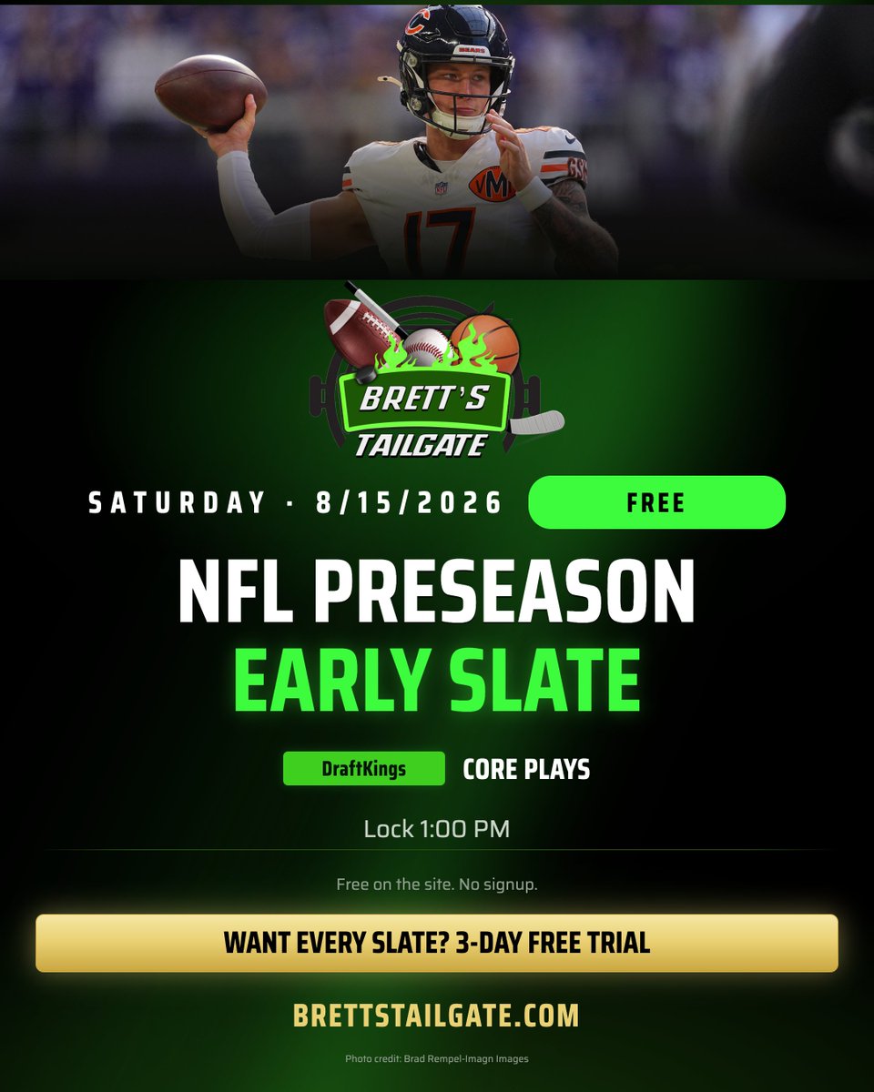 BrettsTailgate's tweet photo. NFL preseason DFS is back 🏈
DK early slate core plays. Free, no signup.
https://t.co/HV4sV4mPJx | Lock 1:00 PM
#NFLDFS #DraftKings #DFS #DailyFantasy #DailyFantasySports #NFLPreseason #NFL #FantasyFootball #DFSPicks #DKLineups https://t.co/ewUaBQi6cu