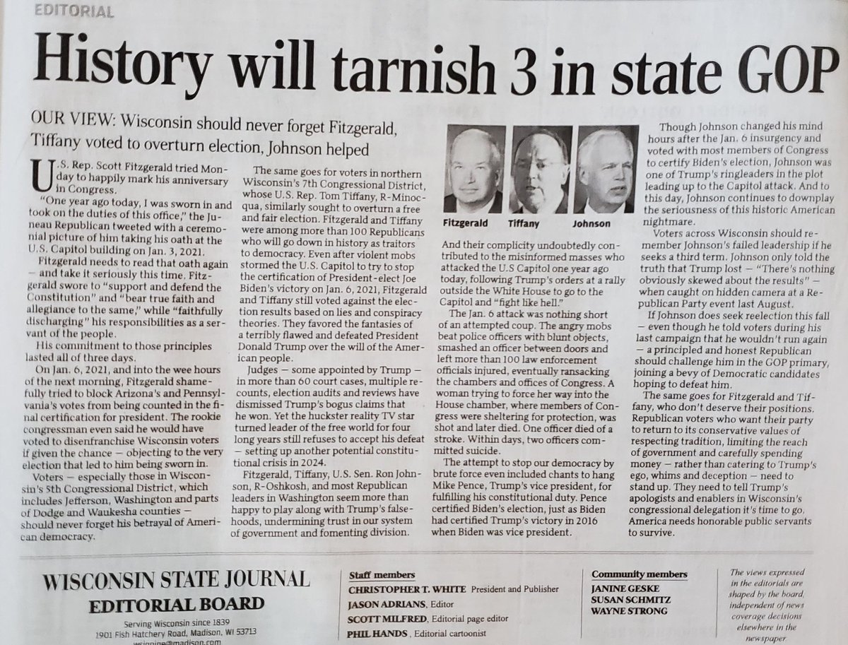 pauljgibler's tweet photo. @WisDems @TomTiffanyWI is a "traitor to democracy".
Not only is he an #electionDenier, he ACTIVELY PLOTTED with #Wisconsin @RepFitzgerald @SenRonJohnson to steal the election from Joe Biden. These men shouldn't be in office now, shouldn't be re-elected or promoted. https://t.co/oFg0xJl9oz