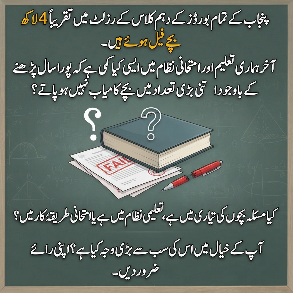 freeilmpk's tweet photo. پنجاب کے تمام بورڈز کے دہم کلاس کے رزلٹ میں تقریباً 4 لاکھ بچے فیل ہوئے ہیں۔ 😔

کیا مسئلہ بچوں کی تیاری میں ہے، تعلیمی نظام میں ہے یا امتحانی طریقۂ کار میں؟ 🤔

آپ کے خیال میں اس کی سب سے بڑی وجہ کیا ہے؟ اپنی رائے ضرور دیں۔

#PunjabBoards #EducationSystem #PakistanEducation https://t.co/D6YPr3hA6y