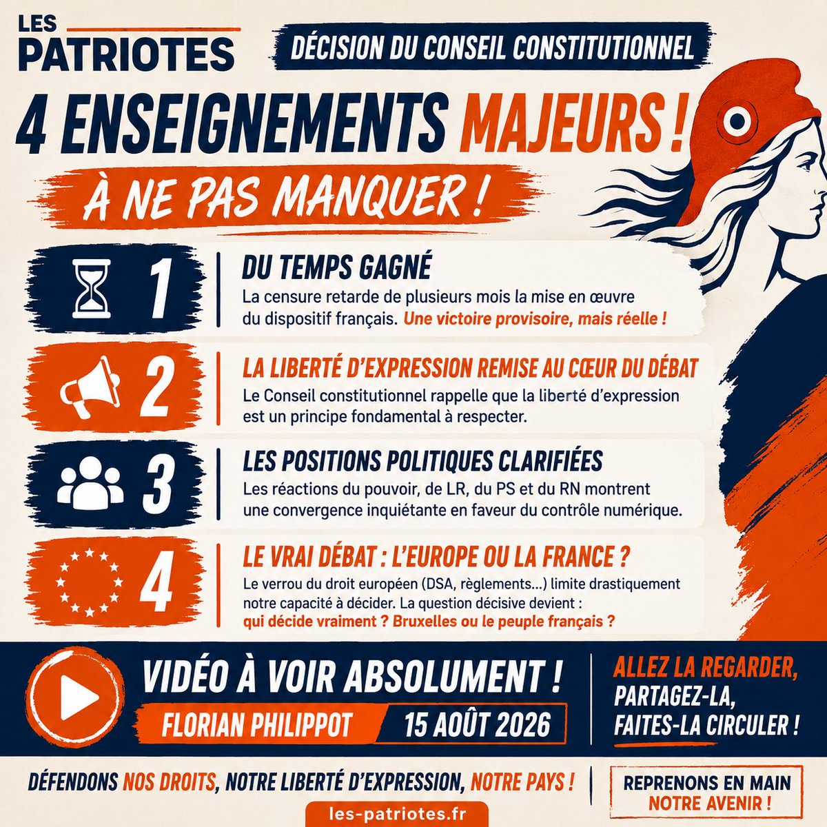 LesPatriotes_77's tweet photo. 🇫🇷 Conseil constitutionnel : derrière la censure, une question fondamentale surgit :

QUI DÉCIDE ? La France ou l’UE ?

🎥 À voir : la vidéo de Florian Philippot du 15 août 2026.

#Frexit #Souveraineté #LibertéExpression #LesPatriotes #France https://t.co/v647ThNMsk