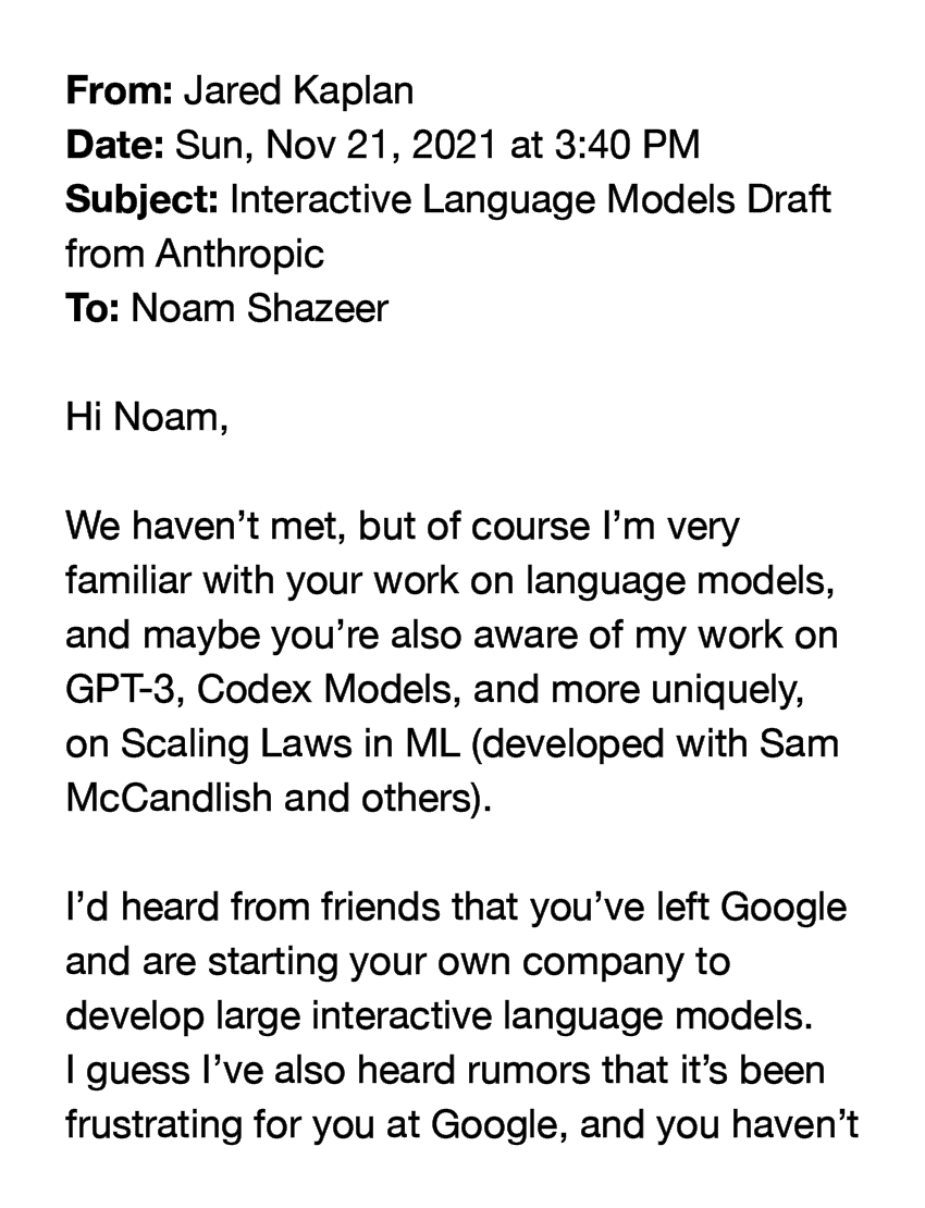 TechEmails's tweet photo. Anthropic cofounder emails Noam Shazeer

November 21, 2021 https://t.co/NeR1gwyEHL