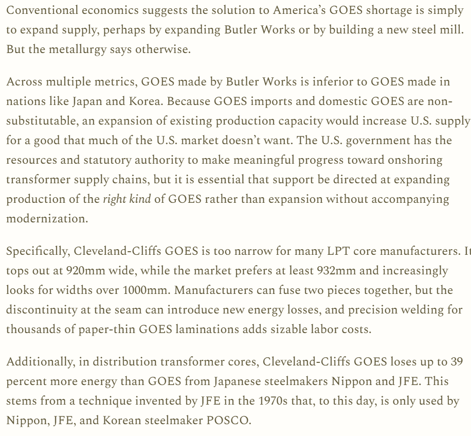 AndrewDamitio's tweet photo. A reminder:

Subsidizing industry to preserve supplier networks and process knowledge doesn't inherently create competitive industry.

America's protected steelmakers may still exist, but they're incapable of making high-quality GOES to make transformers.

https://t.co/Z7cpoXM9bS https://t.co/pN7Bz0Wj3l