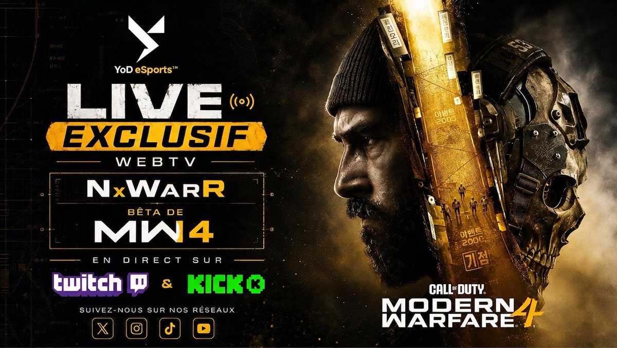 YoDeSports's tweet photo. 🔴 Contenu exclusif MW4 ! 🔥

📺 Vous retrouverez prochainement du 21 au 25 août &amp; du 28 août au 1er septembre en stream de notre #WebTV @NxWaRR pour des Lives sur la bêta de #ModernWarfare4 ! 

🌐 Suivez nous sur la plateforme souhaitée :

Twitch : /YoDeSports
Kick : /YoDeSports https://t.co/DoBYNUbb0C