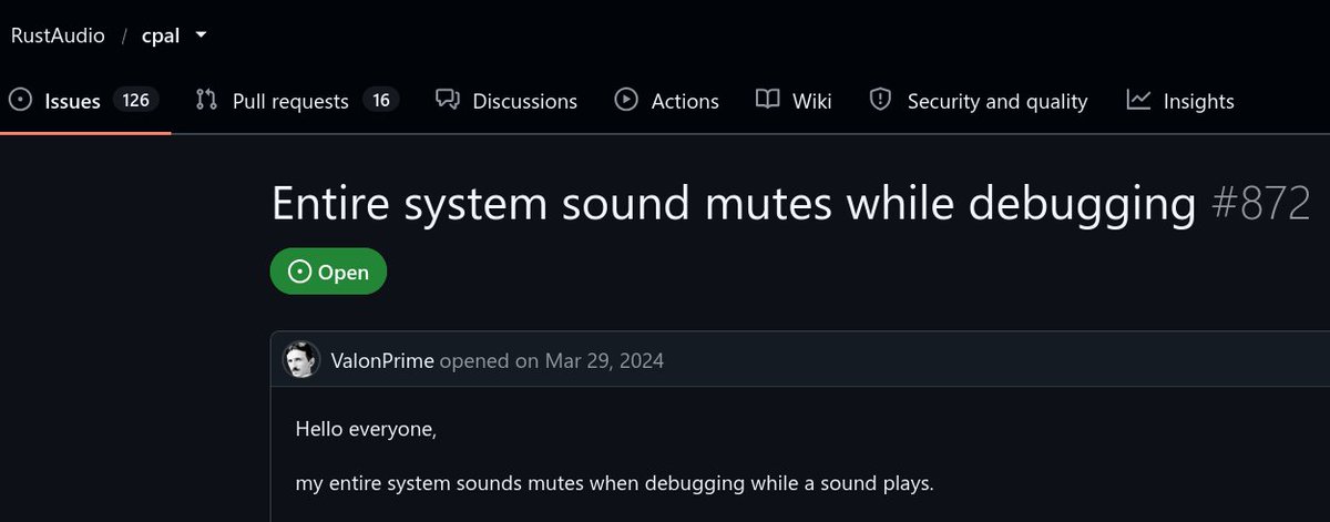 valigo's tweet photo. Sound on Linux!

If you're debugging a program that has an audio stream opened (through ALSA), and a thread that handles sound is suspended on a break point, Pipewire will mute sound IN THE ENTIRE OS until you continue the execution. 
Pic is from cpal but but Rust is unrelated https://t.co/mvhRRkkwU6