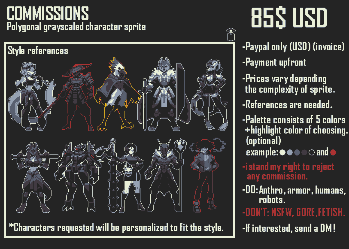 xlyphon's tweet photo. C0mms are open!        
Polygonal Grayscaled       
5 Slots (Could expand depending on demand)             

IMPORTANT. Slot is taken when payment is done.   

Read the guidelines on the right before DM https://t.co/vHm1trzrSa