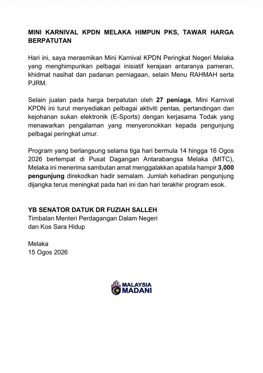 KPDN_HQ's tweet photo. [KENYATAAN MEDIA]

3210 PENIAGA SEDIA MENU RAHMAH, ANTARA INISIATIF KPDN BANTU RAKYAT

AYER KEROH, MELAKA  |15 OGOS  2026 | SABTU

#KPDN
#KPDNKITA
#KarnivalJualanRAHMAHMADANI
#MenuRAHMAH https://t.co/Jubt90fajK
