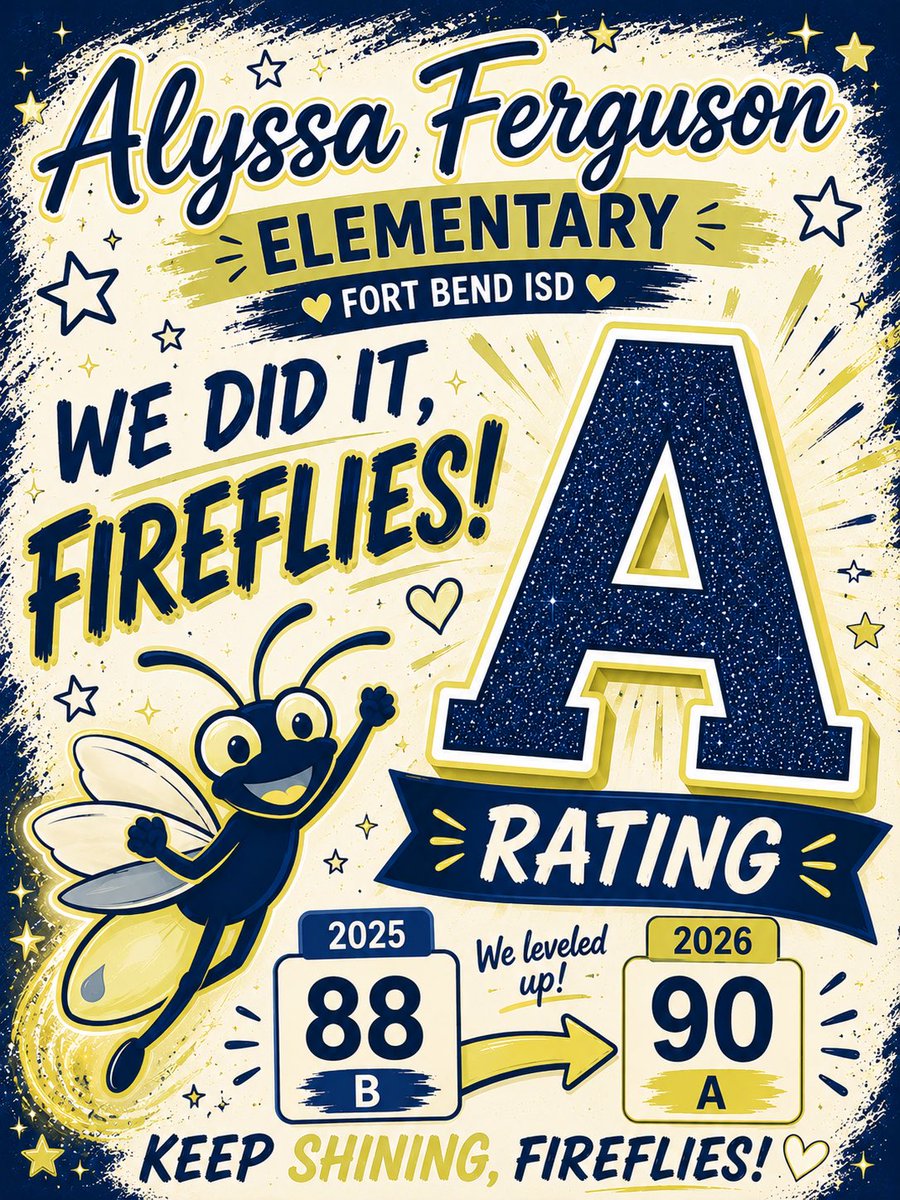 FE_Fireflies's tweet photo. ✨ LOOK WHAT’S GLOWING AT FERGUSON! ✨

Our Fireflies have something BIG to celebrate! Alyssa Ferguson Elementary has officially earned an “A” in the 2026 Texas Education Agency Accountability Rating System! 💙💛 #MakeOurMark https://t.co/NbyaRPUm1y