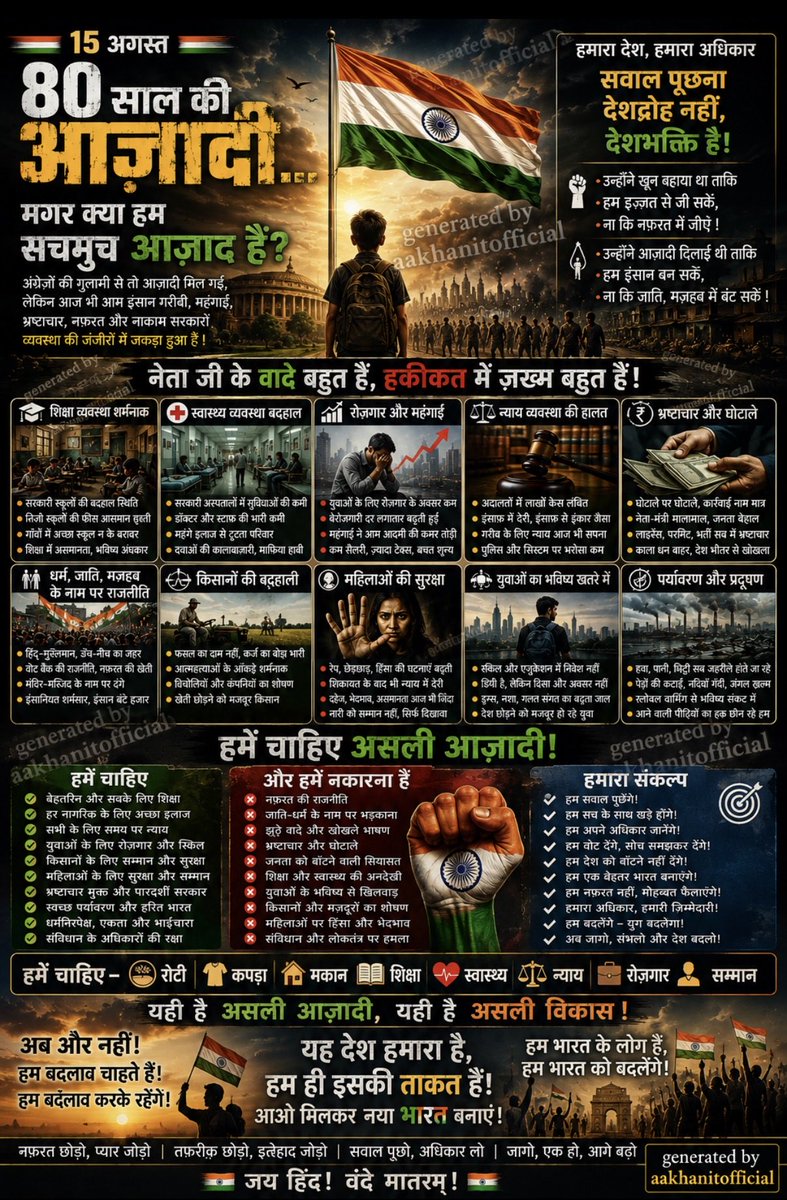 khanitofficial's tweet photo. 🇮🇳 80 साल की आज़ादी… मगर एक सवाल अब भी ज़िंदा है!

15 अगस्त को तिरंगा लहराएगा,
राष्ट्रगान गूंजेगा,

और हम कहेंगे—हम आज़ाद हैं।

#IndependenceDayIndia 🇮🇳 https://t.co/WI5lbk9lp1