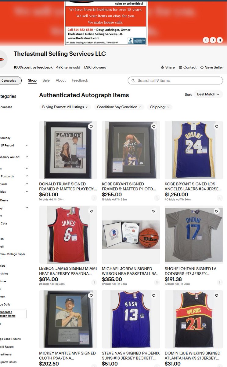 renoipgp's tweet photo. Same pattern, another major consignor.

Fake autographs with fake @PSAcard / @beckettcollect  paperwork have now reached 4 Sharp Corners. 
@CheckCOA  logged 25 certs there; Beckett BG89297 appeared on fake Scottie Pippen jerseys at both QuickConsign and 4 Sharp Corners. Thefastmall shows the same photo-free-cert playbook.
The same source pattern is producing fakes for everyone from Nirvana and The Beatles to Donald Trump, Jordan, Kobe, Messi, and other top names.

The Beckett items arrive with the same folders and fake LOAs. The PSA items use basic certificate cards for names PSA never issued under that basic-cert format.

@eBay already received structured reports. Apparently nobody is available to work them and nobody wants to kill a fee-generating golden goose while collectors keep paying.