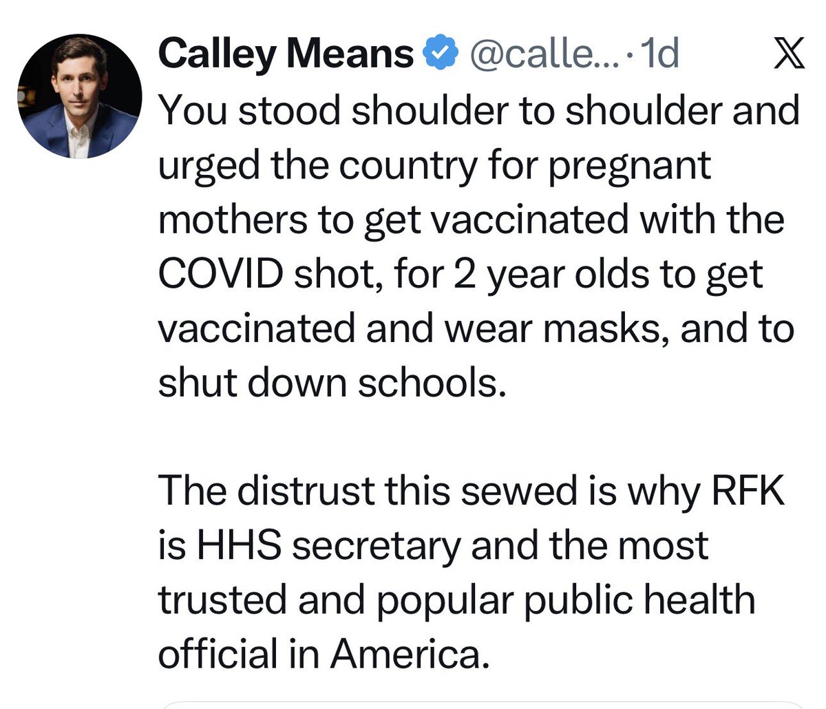 MaryBowdenMD's tweet photo. He blocked me, but can someone ask Calley Means if he’s ready to call for the Covid shots to be pulled off the market?  Calley now sees the wind changing direction and pretends to be on board.  Neither of the 2 MAHA reports he helped craft mention mRNA. https://t.co/1DfQKeEOib