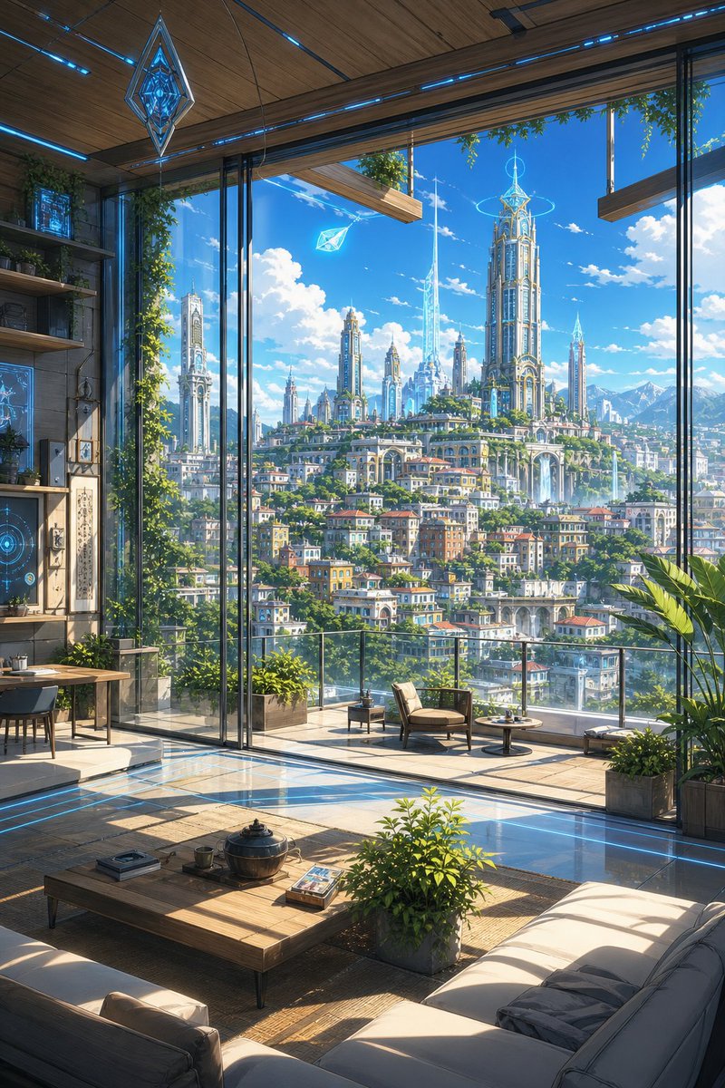 LofivibesbyGZU's tweet photo. Morning above the city: sunlight fills the room, waterfalls drift beyond the rooftops, and towers trace glowing symbols across the sky. Even in a world shaped by magic, some moments are simply meant to be enjoyed in silence. ☀️✨

#AnimeArt #FantasyArt #DigitalArt #FantasyCity #Magitech #AnimeScenery