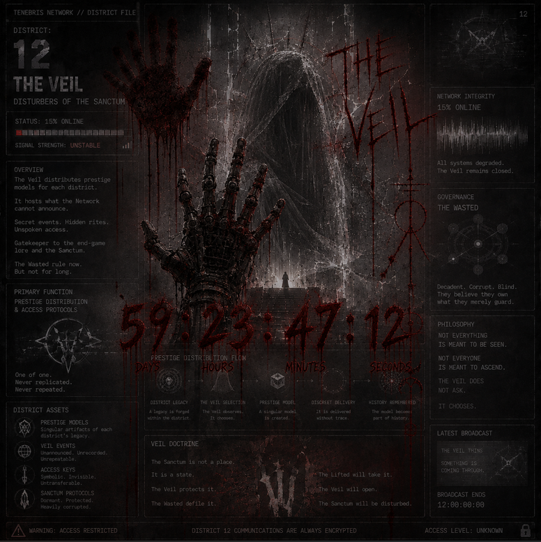 MnceCorp's tweet photo. THE VEIL // DEPLOYMENT

59 : 23 : 47 : 12

12 DISTRICTS.

ONE LEGACY.

RECIPIENTS
TO BE NOTIFIED.
████████████

Selection is underway.

Do not apply.
Do not inquire.

If The Veil has chosen you,
you will know.

// DEPLOYMENT PENDING https://t.co/TNKAy0QIvU