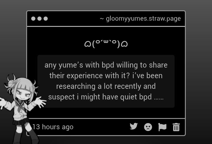 gloomyyumes's tweet photo. ⸺       𝜗💬            anon  asks           𖹭

yumes  with  bpd  share  your  experience  with  it  if  you  can  (^^) https://t.co/1HMGTgInuQ