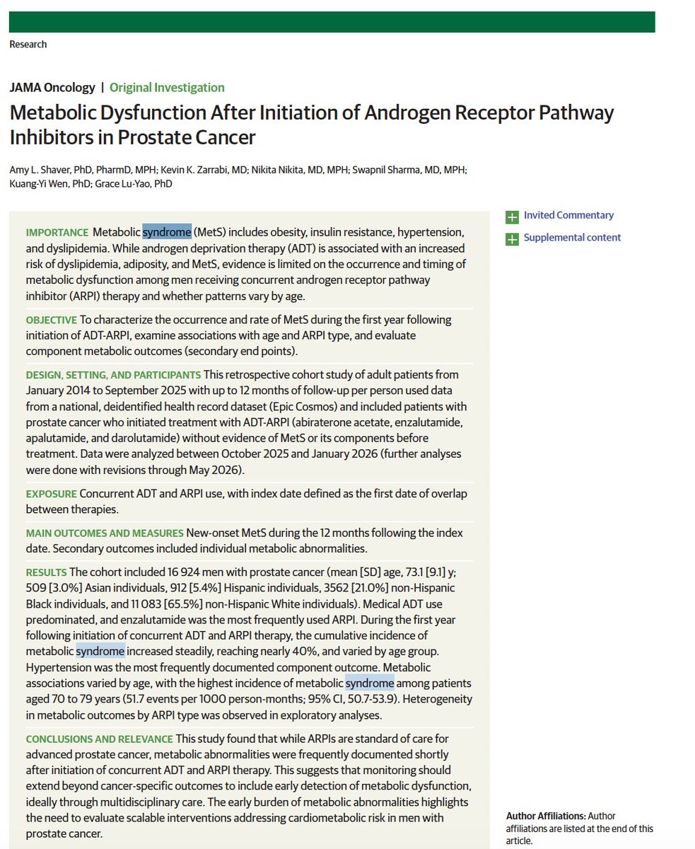 Adam_Weiner535's tweet photo. 🚨 Start ADT + ARPI & metabolic dysfunction follows, often in just a few months🚨

@JAMAOnc

👥 16,924 men w/ #ProstateCancer starting ADT + ARPI, no prior metabolic dx

📊 12-mo cumulative incidence:
🔺 New HTN 83%
🔺 Dyslipidemia 52%
🔺 Metabolic syndrome 39%
⏱️ Median time to 1st abnormality: 1 mo. MetS: 2.6 mo

🔗 https://t.co/i5GLEJlUsP

@AmerUrological @PCFnews @PCF_Science @UroOnc @UrologyTimes @urotoday @renalandurology