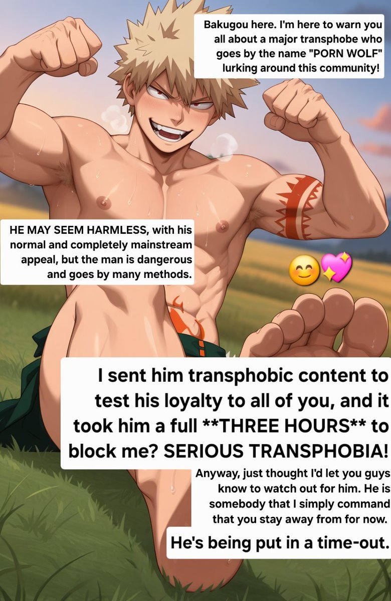 ExplosiveLibido's tweet photo. A message from me. Please zoom in to see the full image, because X can't crop for shit.

Steer clear of @prnwlf
"Bakugou's Transphobia PSA"
#gooner #goon #gooncaps #gooncaptions #gooncaption #feet #addict #pornaddict #pornaddiction #addiction #edge #edging #hypnosis #brainwashing https://t.co/Httf9rfw8o