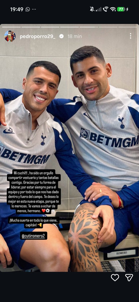 nicofepe's tweet photo. Pedro Porro vía Instagram. Dos compañeros, diferentes despedidas. Se nota cuál de los dos es el argentino. https://t.co/gWncgsFWwb