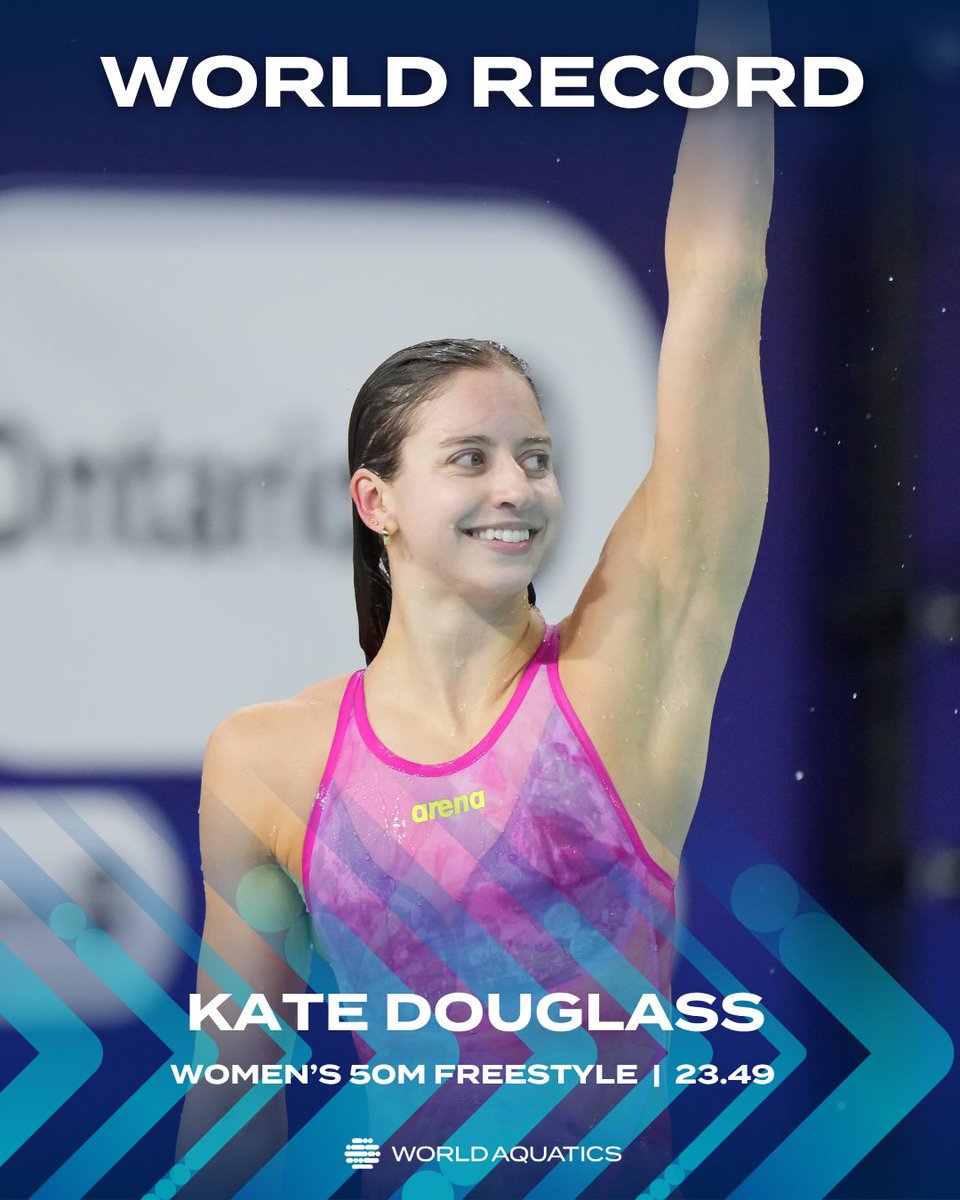 WorldAquatics's tweet photo. HISTORY IN THE HEATS ⚡

Kate Douglass 🇺🇸 storms to a 23.49 in the Women’s 50m Freestyle at the Pan Pacific Swimming Championships, setting a new world record! 🔥 https://t.co/zOJNdYiCXF