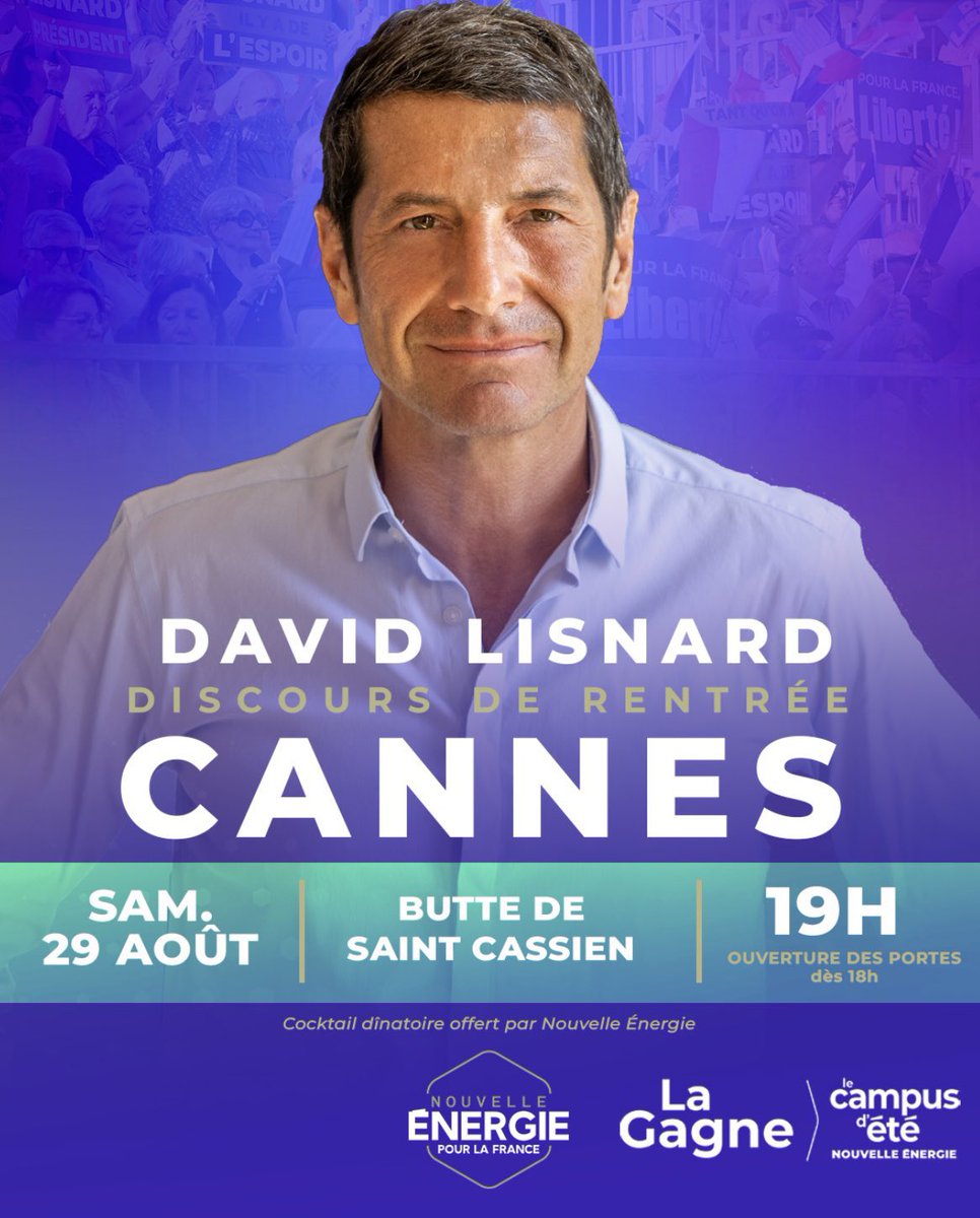 EureetLoirNE's tweet photo. 🔥 29 août | #Cannes | Butte de Saint-Cassien

👉🏼 @davidlisnard lance la rentrée politique de @Nouv_Energie. Un discours de rentrée pour ceux qui veulent une droite libérale, claire, sans ambiguïté. 

📍 Butte de Saint-Cassien 
📅 Samedi 29 août 🕖 19h

#LaGagne #LaGrandeFrance https://t.co/HKO8DRjLZO