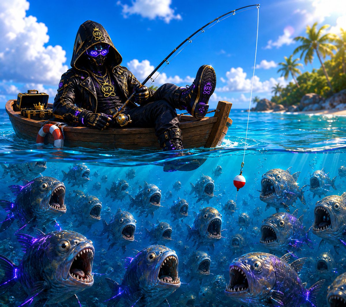 Reyd3r_sol's tweet photo. The fish really thought they were the ones hunting today 😭🎣

KFX just sitting there unbothered while the whole ocean is fighting for a chance at the bait. 👑

Sometimes you don't chase the opportunity… the opportunity chases you. 🟢

@Kingfinity #KFXMeme https://t.co/B8AkQsQRmd