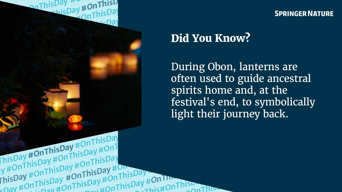 Floating lanterns glow on dark water. Text: Did You Know? During Obon, lanterns are often used to guide ancestral spirits home and, at the festival's end, to symbolically light their journey back.
