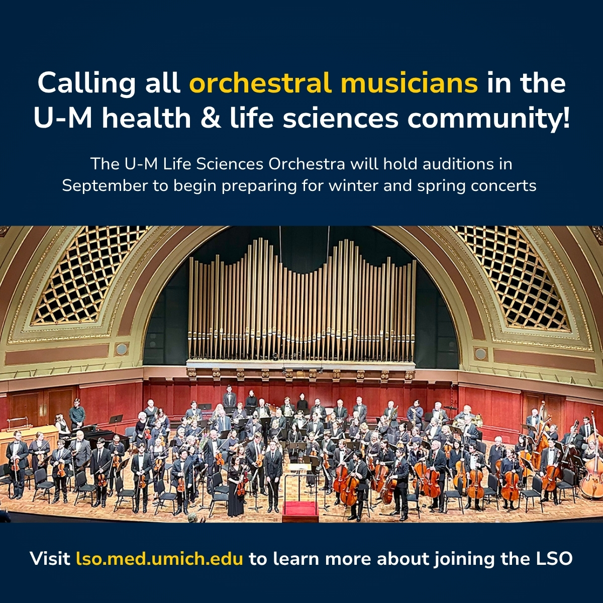 umichmedicine's tweet photo. They make music together every Sunday, and share their talents with the community through free concerts in winter and spring.

The @UMich Life Sciences Orchestra is holding auditions soon!
Learn more about how members of the #umich community can take part: https://t.co/jEuX0jSD4m https://t.co/gwKymh9XnY