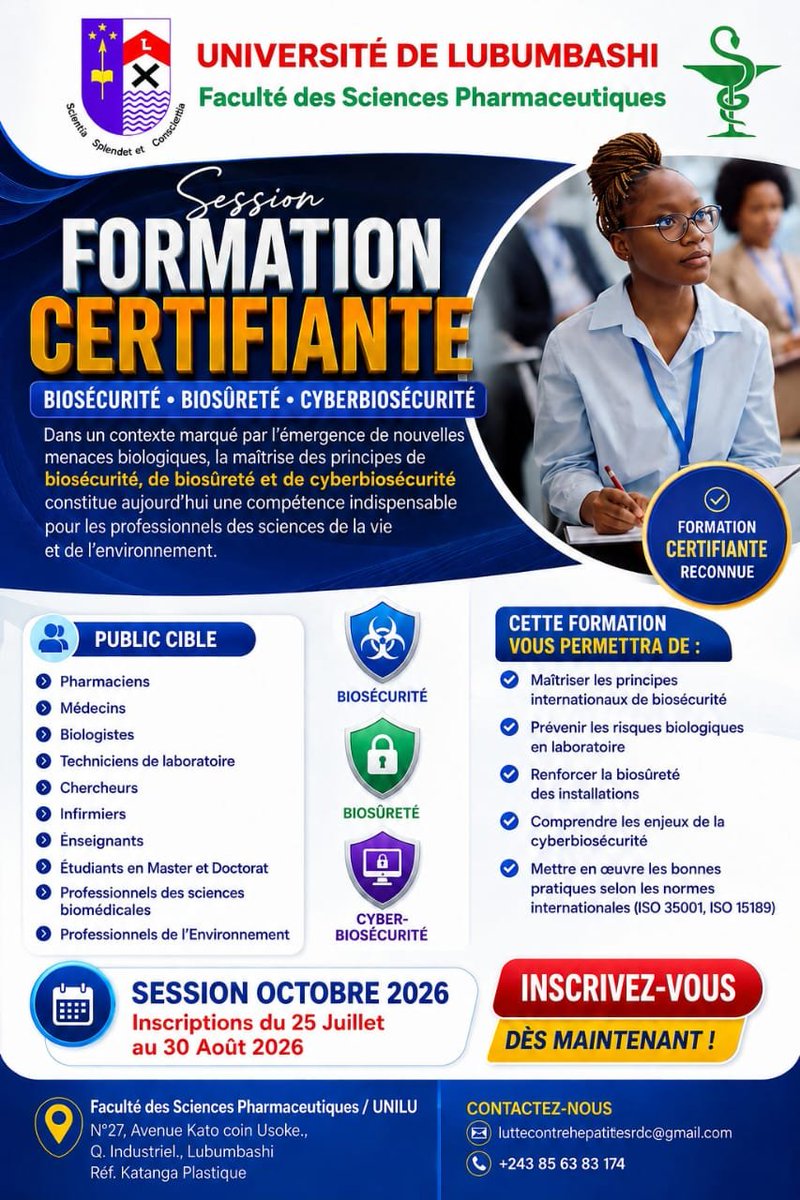 KabambaArsene's tweet photo. « Élevez vos compétences aux standards mondiaux. Inscrivez-vous au Certificat Universitaire en Biosécurité et Biosûreté de l'UNILU et apprenez aux côtés de leaders scientifiques venus d'Afrique, d'Amérique et d'Europe. Carpe diem: prenez votre destin en main. Formez-vous» https://t.co/z75w43udRy