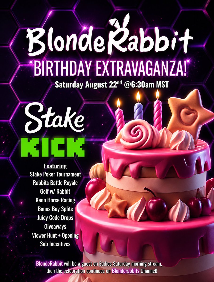 Blonderabbit's tweet photo. Dont miss it ! Will be on Eddies Stake stream next weekend and then the festivities will begin after!

Registration for the Stake Poker tournament will open midweek next week! 

August 22nd on Eddies @ 6:30am MST ! 

🎂🎂🎂🎂🎂🎂🎂🎂🎂 https://t.co/gzeEGtbQ8d
