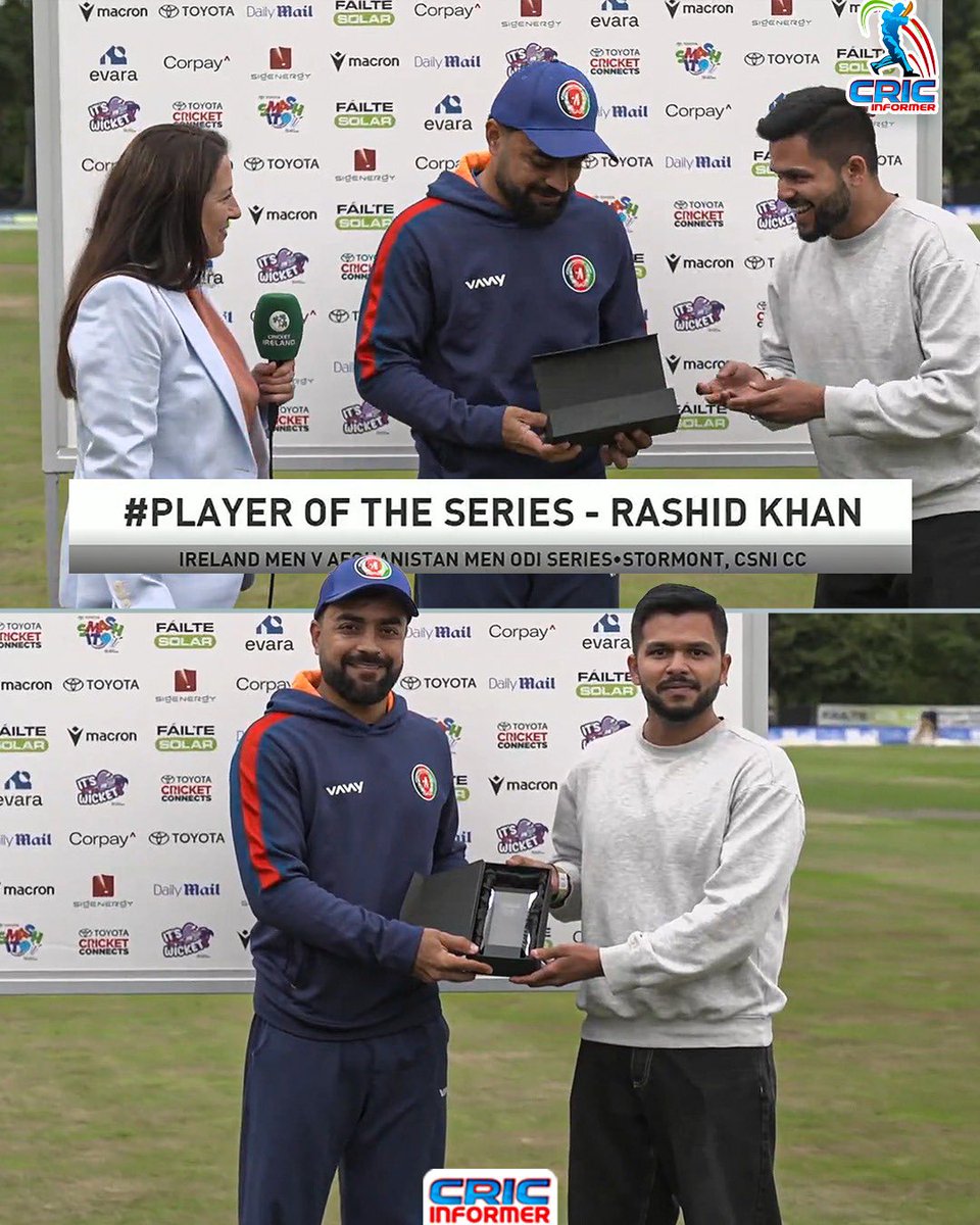 CricInformer's tweet photo. 🔥 RASHID KHAN’S COMPLETE DOMINATION! 🇦🇫

🏅 2× PLAYER OF THE MATCH
🏆 PLAYER OF THE SERIES

A sensational all-round performance from Afghanistan’s superstar throughout the ODI series against Ireland! 👑

Image Credit: Fancode 
#Cricket #ODI #IREvAFG https://t.co/v5dN0CqztW