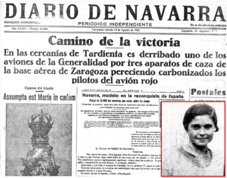 josebaasiron's tweet photo. @DiariodeNavarra , 16-8-1936, se cumplen hoy 90 años. Aquella madrugada, al mismo tiempo que se imprimía esta portada, la niña de Larraga Maravillas Lamberto, de 14 años, quiso acompañar a su padre cuando fue detenido, y fue violada y asesinada delante de él.
#CaminoDeLaVictoria https://t.co/DAqX6QuYPC