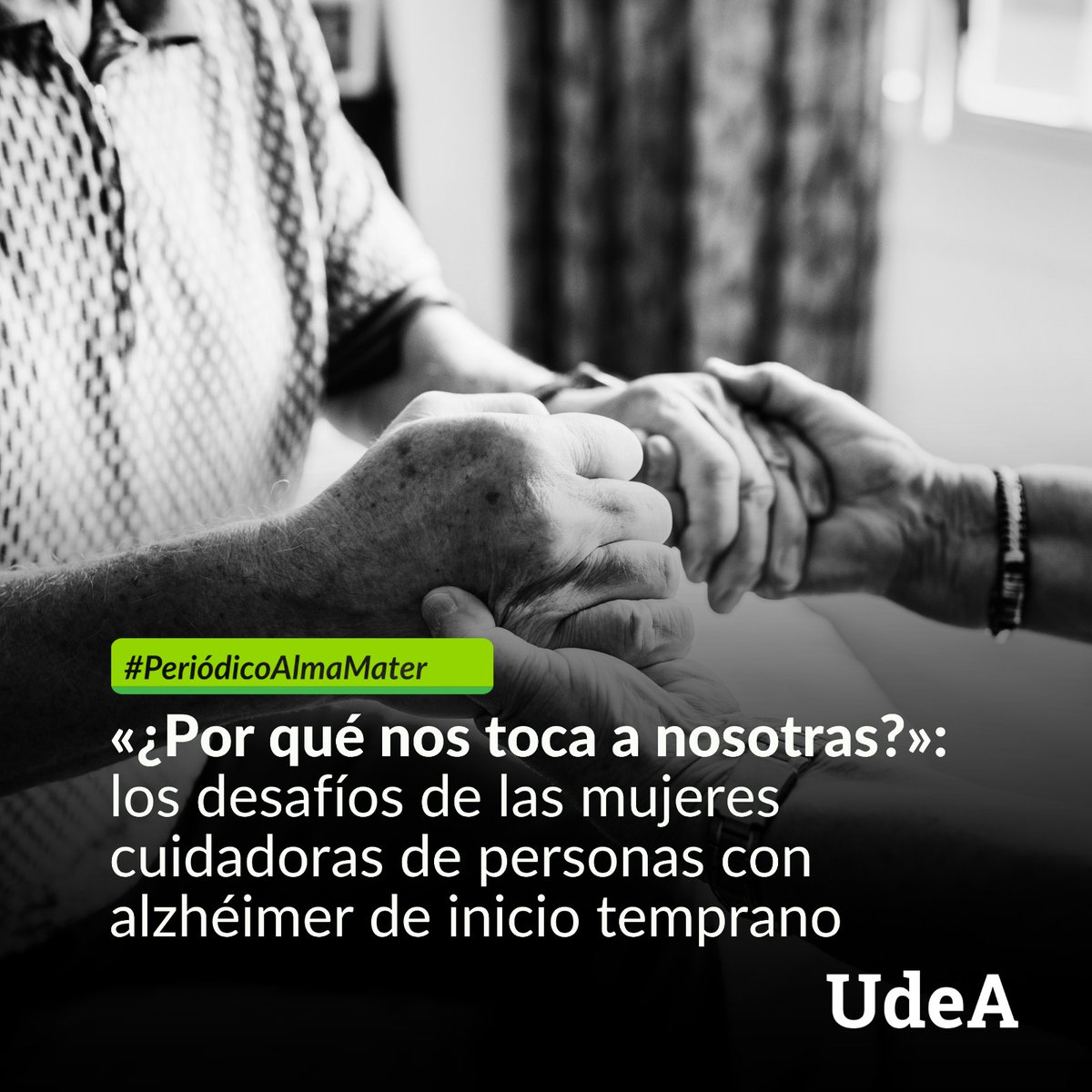 UdeA's tweet photo. 🧠 Margarita tenía 12 años cuando, sin saberlo, empezó a cuidar a su mamá. Hoy, a sus 55, cuida a uno de sus tres hermanos que también desarrollaron alzhéimer de inicio temprano.

En Yarumal, Norte de Antioquia, decenas de familias conviven desde hace generaciones con la mutación paisa del gen PSEN1, identificada por el Grupo de Neurociencias de Antioquia, adscrito a la Facultad de Medicina de la #UdeA. Y en la mayoría de esos hogares, quien cuida es una mujer: sin formación, sin relevo y casi siempre sola.

Una investigación doctoral de la Alma Máter escuchó a seis de estas cuidadoras y encontró algo que los protocolos médicos no registran: un saber construido a fuerza de experiencia, y una pregunta que tardaron años en atreverse a hacer:

¿Por qué nos toca a nosotras? Te contamos su historia en el #PeriódicoAlmaMater 👉 🔗 https://t.co/B7BukYXrQx

#UdeACasaDeTodos