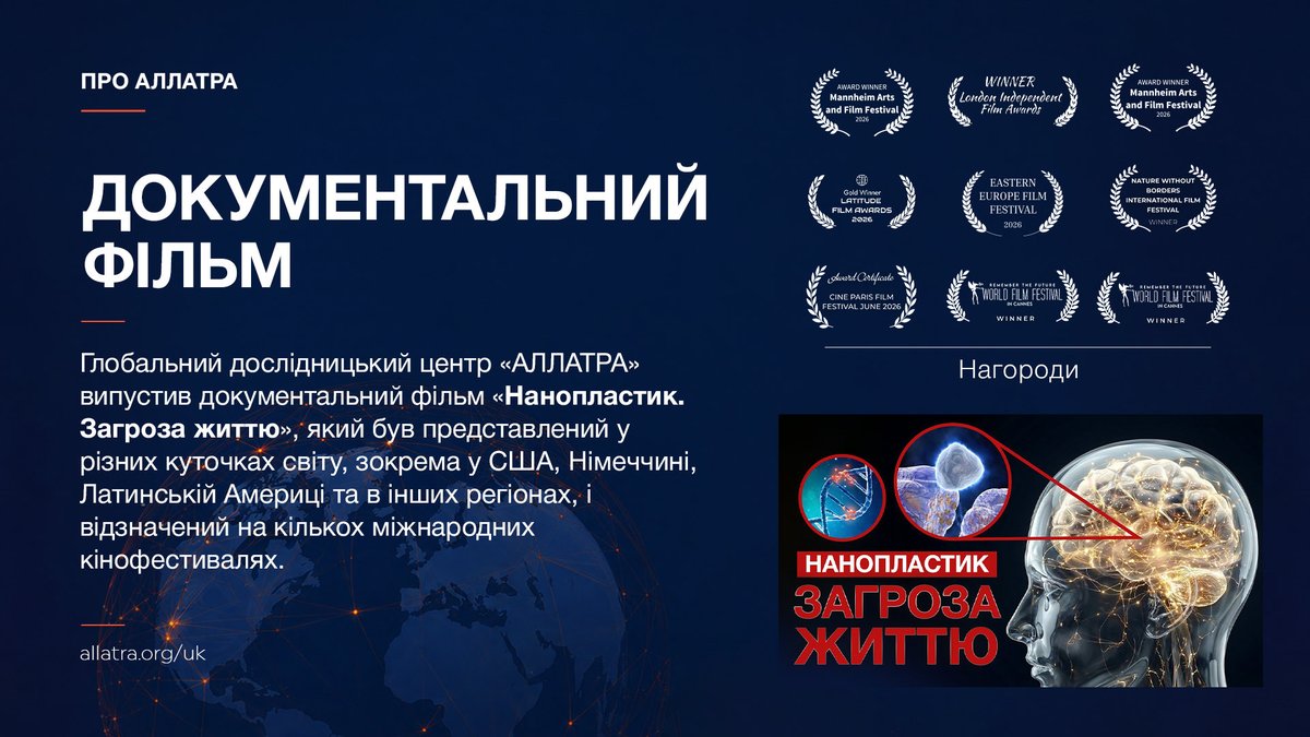 allatra_ua's tweet photo. НАНОПЛАСТИК. ЗАГРОЗА ЖИТТЮ
НАУКОВО-ПОПУЛЯРНИЙ ДОКУМЕНТАЛЬНИЙ ФІЛЬМ ПРО МІКРО- ТА НАНОПЛАСТИК

Фільм «Нанопластик. Загроза життю», презентований Глобальним дослідницьким центром «АЛЛАТРА», об’єднує результати наукових досліджень щодо потенційного впливу мікро- та нанопластику на здоров’я людини, екосистеми та довкілля.

У фільмі розглядається:
- що таке нанопластик і як вінутворюється;
- як мікро- та нанопластик поширюється в довкіллі;
- як мікро- та нанопластик може взаємодіяти з біологічними системами;
- який вплив він може чинити на здоров’я людини та екосистеми;
- чому необхідні подальші наукові дослідження та міжнародна співпраця.

У фільмі наукова інформація подана у доступному науково-популярному форматі за участю експертів з різних галузей.

Детальніше — https://t.co/pN6siG1pGS

#аллатра #allatra #science #наука