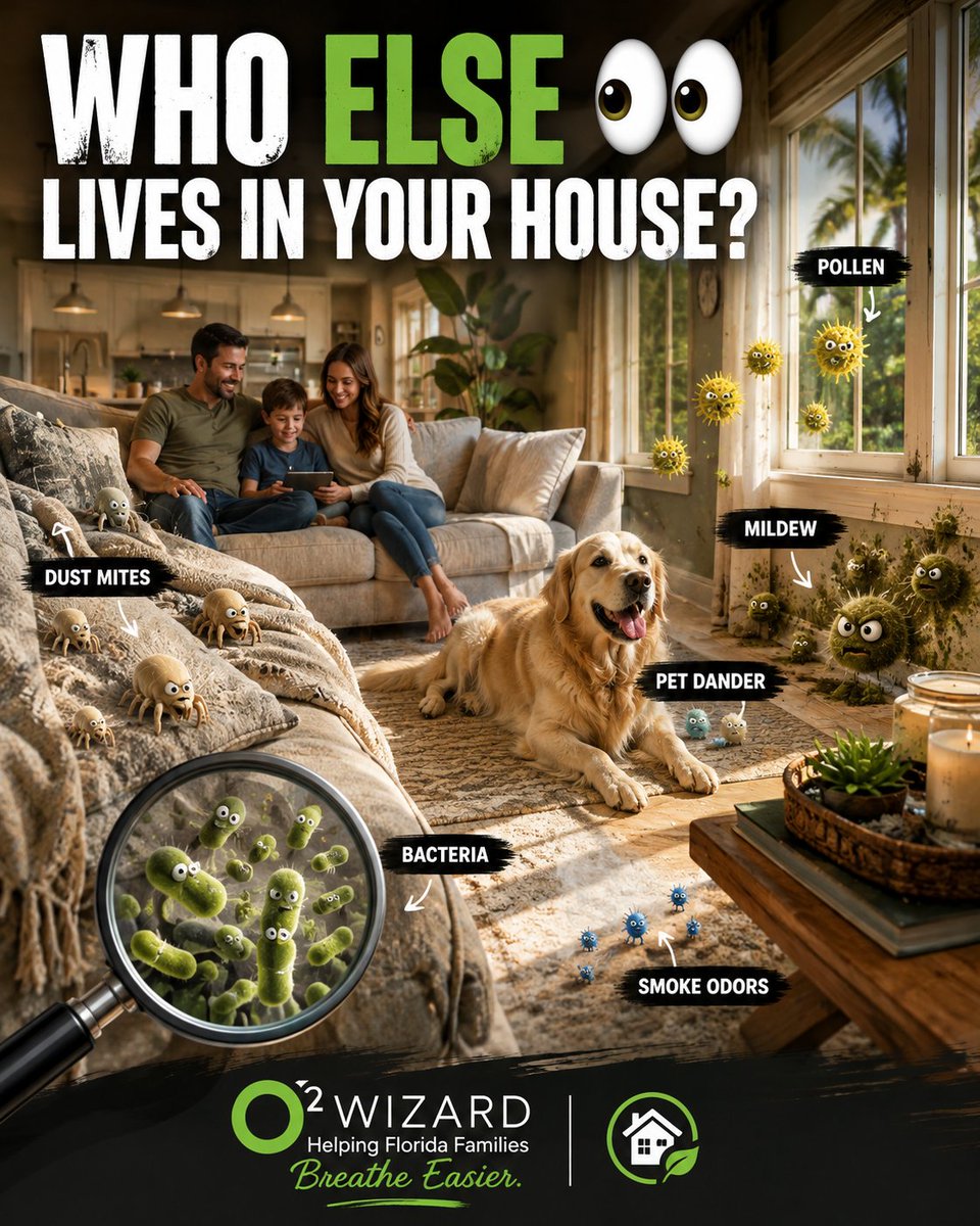 O2Wizard's tweet photo. 🏡 **You know who lives in your house… but do you know WHAT else lives there? 👀**

We clean the floors.
We vacuum the couch.
We change the sheets.

📞 386-689-4563
🌐 https://t.co/3ADCyQyUsl

#O2Wizard #HelpingFloridaFamiliesBreatheEasier #IndoorAirQuality #HealthyHome https://t.co/k2P2GFawvp