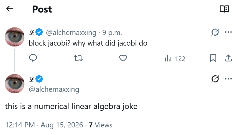 WeirdDASHly's tweet photo. Numerical linear algebra jokes, 
are 
the 
best! https://t.co/pmbnEbGO5o