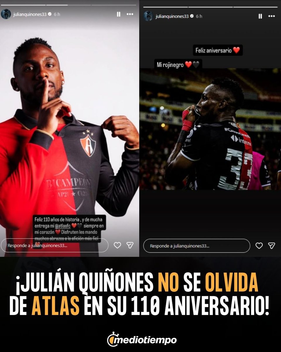mediotiempo's tweet photo. ¡Siempre uno de sus amores! 🥹

Así felicitó Julián Quiñones al Atlas por 110 años de existencia

"Mi rojinegro" ❤️🖤 https://t.co/l9IhY5BbLY